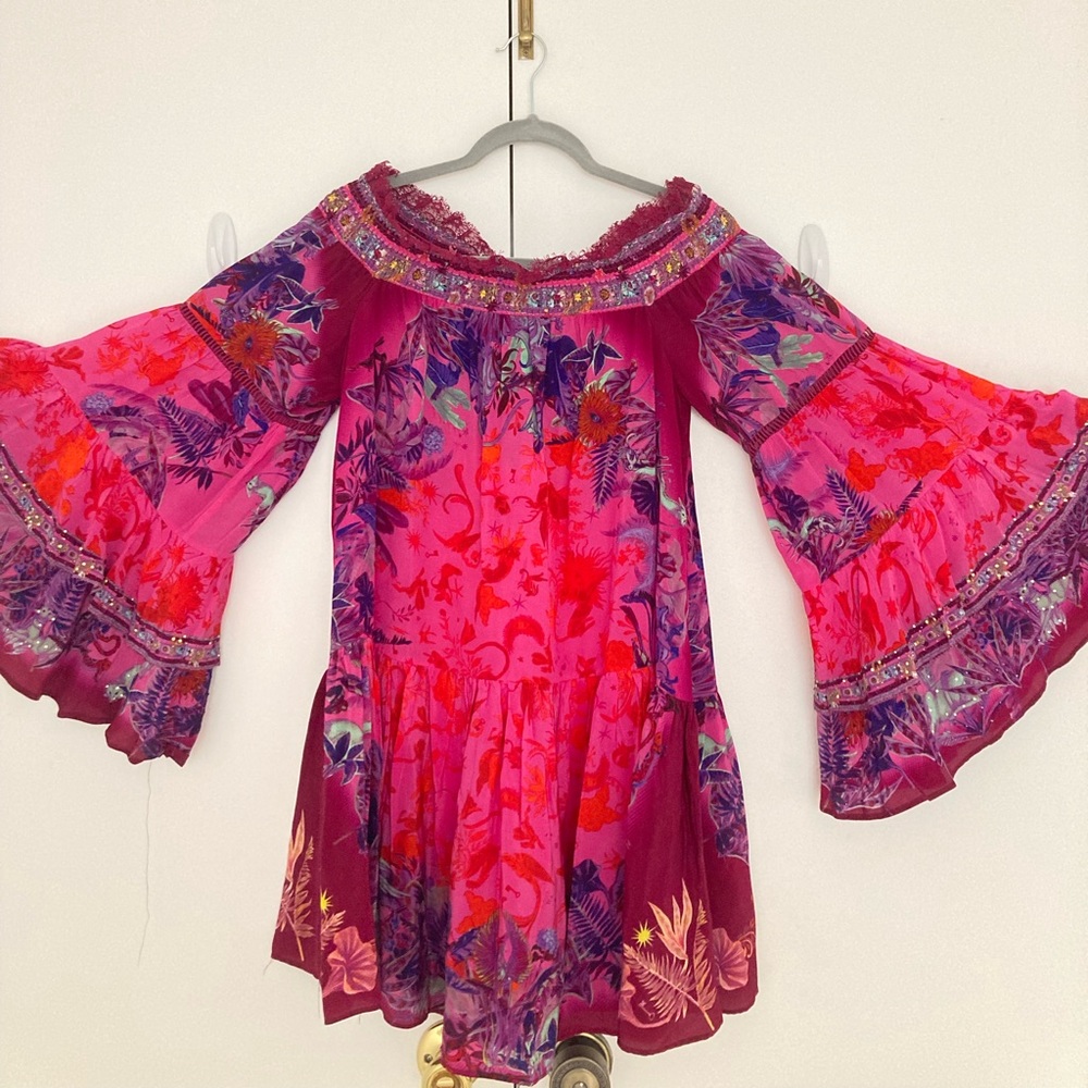 Camilla womens 100% silk hand embroidered off the shoulder blouse